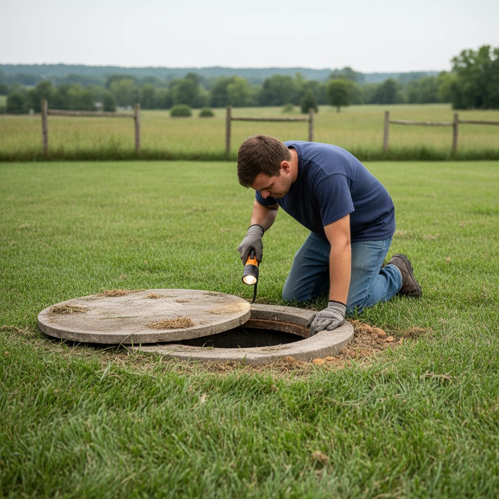 Technician inspecting an open septic tank lid at a home near Evansville Indiana